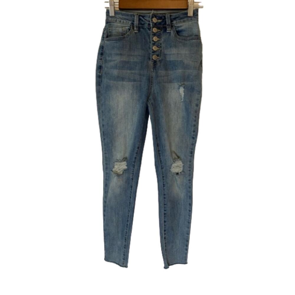 Secrets With Love Women's 5 Super High Narrow Waist Ripped Button Fly Jeans 90's